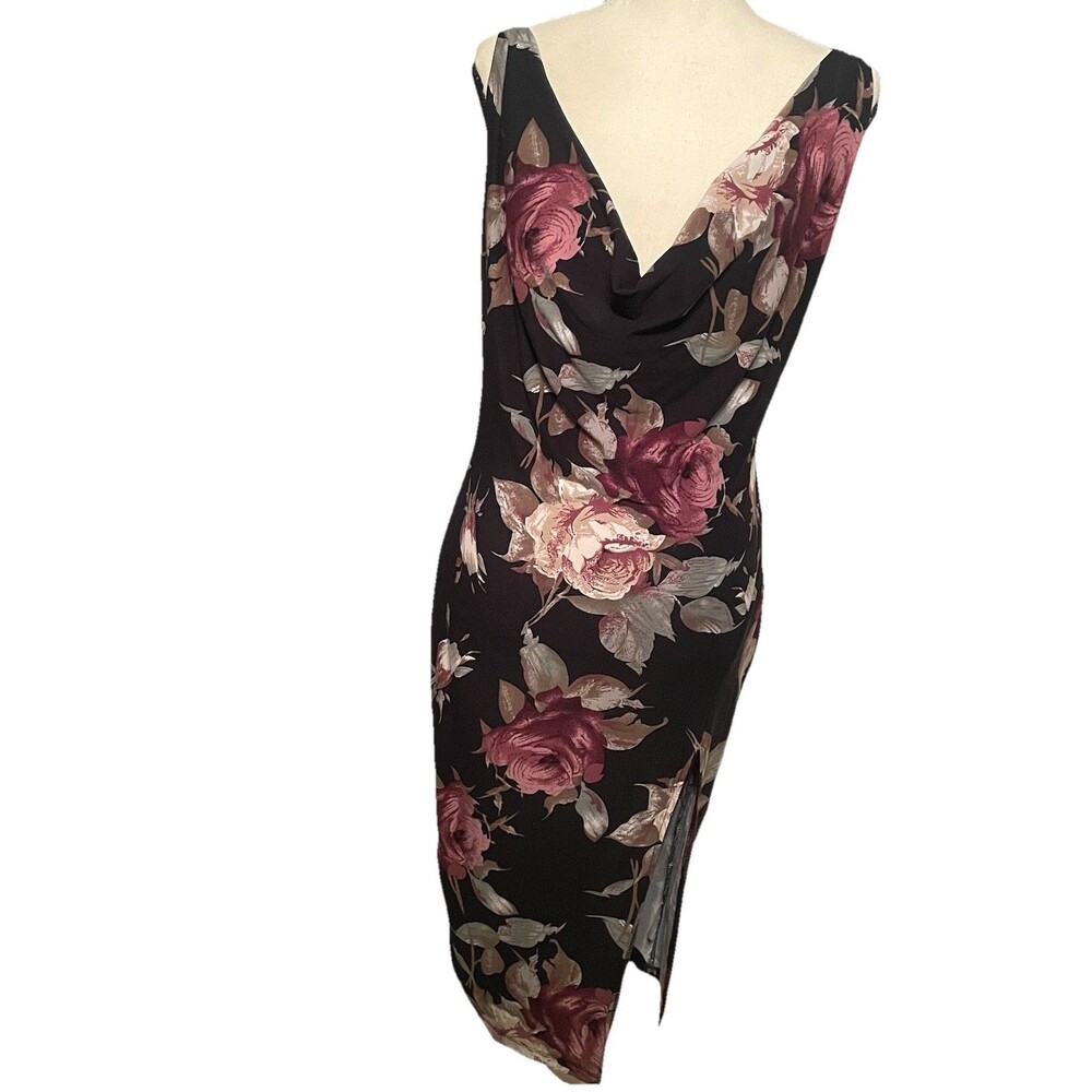 Vtg Y2K Floral Midi Dress Black Plum Rose Cowl Neck Side Slit Grunge Fairy L